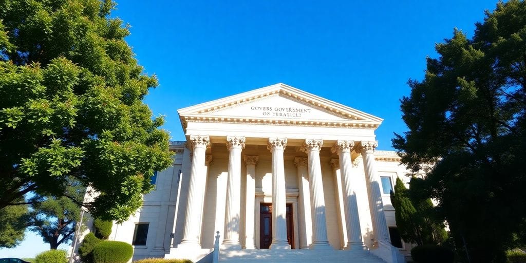 Regierungsgebäude mit klassischen Elementen und klarem Himmel.