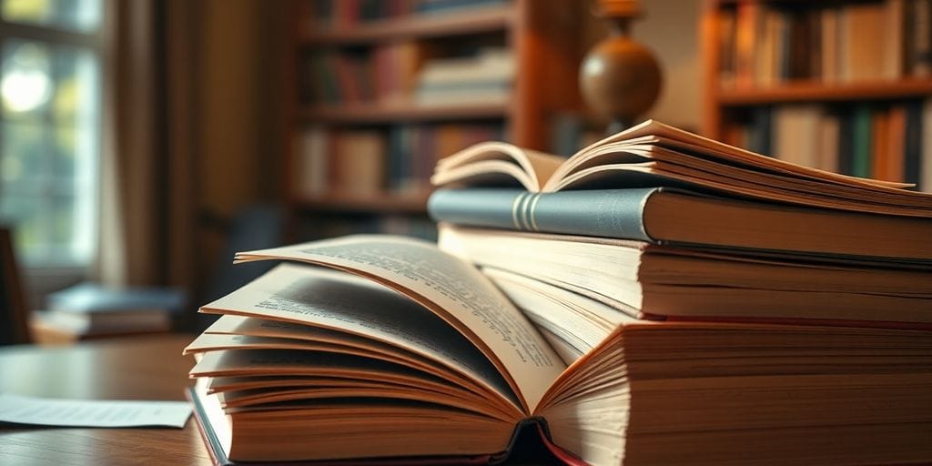 Stapel von akademischen Büchern auf einem Schreibtisch.