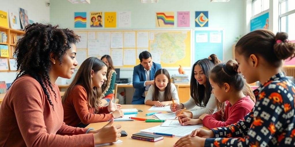 Lehrer und Schüler in einem aktiven Klassenzimmer.