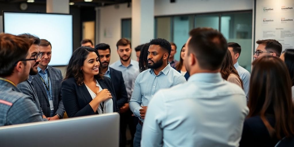 Gruppentraining von Fachexperten in modernem Umfeld.