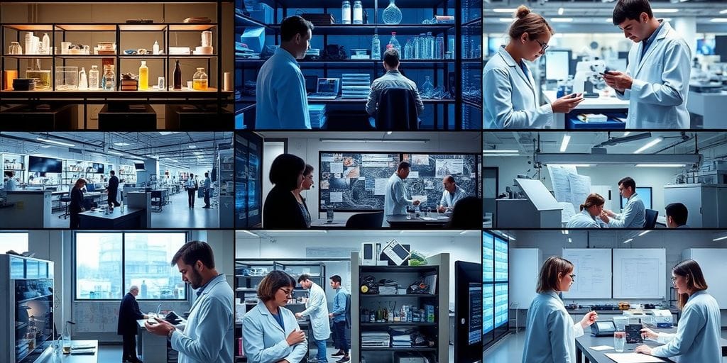 Forschungsinstitute mit Wissenschaftlern und Laborgeräten.