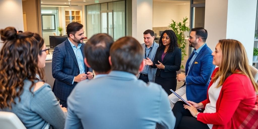 Professionelle Gruppe im Austausch über Fachthemen.