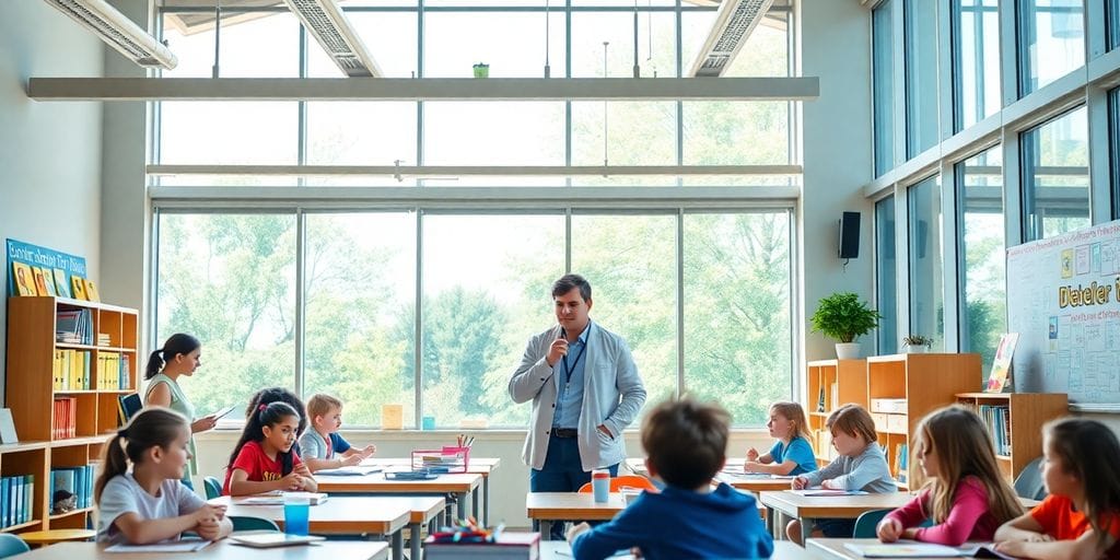 Moderne Lehrinstitution mit engagierten Schülern und Lehrern.