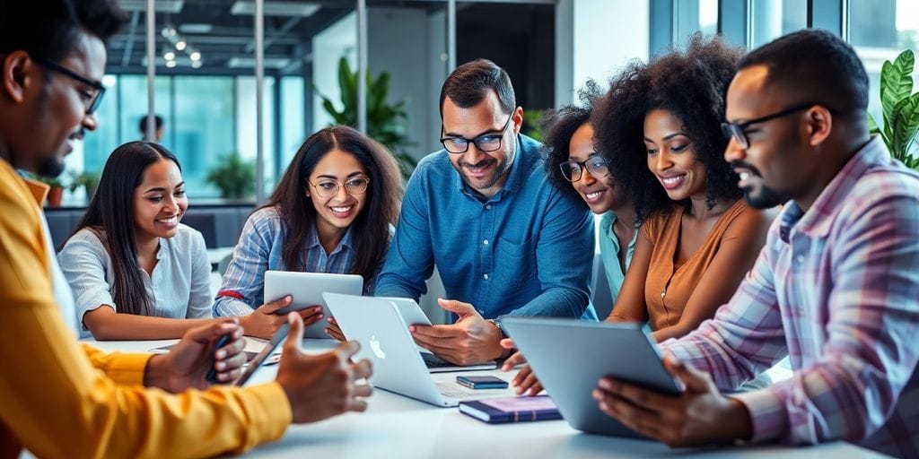 Verschiedene Personen, die online diskutieren und lernen.