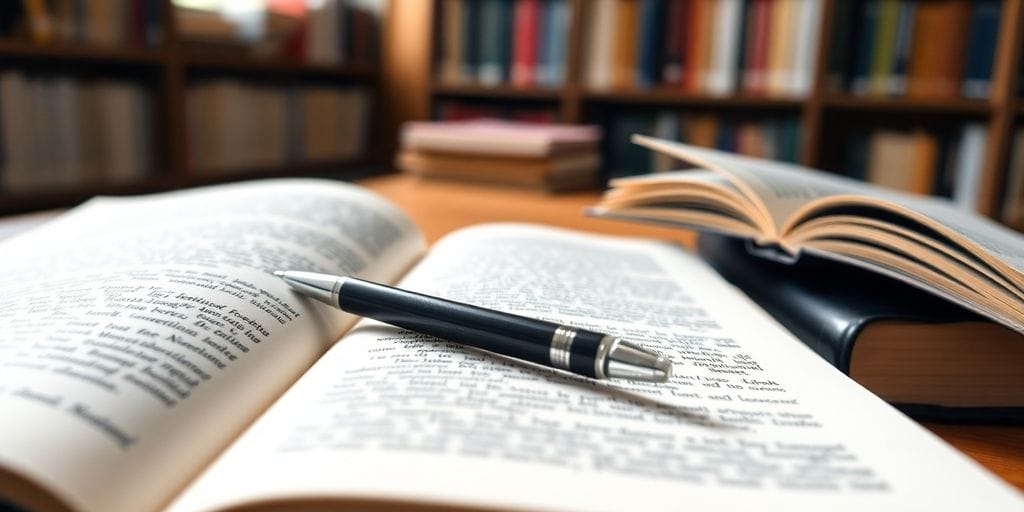 Offene akademische Bücher mit Notizen und einem Stift.