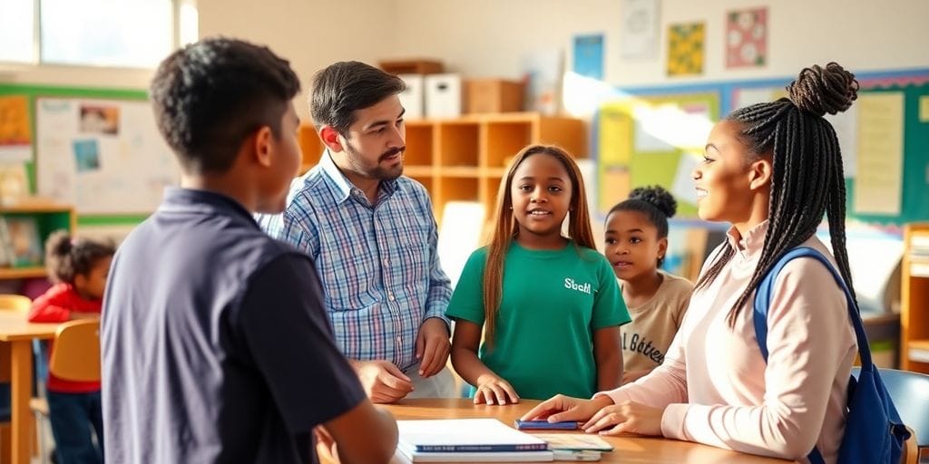 Schüler und Lehrer im Klassenzimmer, interaktive Lernumgebung.