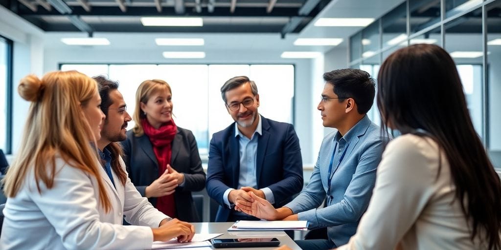 Gruppendiskussion von Fachleuten in einem modernen Trainingsraum.