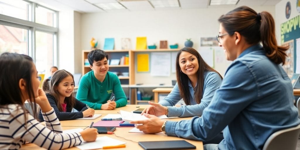Klassenraum mit aktiven Schülern und einem Lehrer.