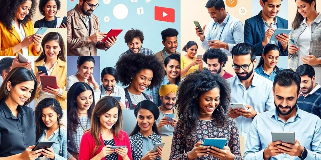 Vielfältige Menschen mit digitalen Geräten, Wissensaustausch.